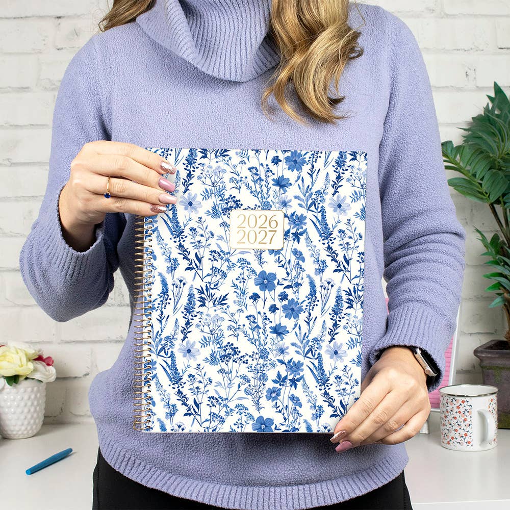 2026-27 Soft Cover Academic Planner, 8.5x11 Size: Blue & White Floral