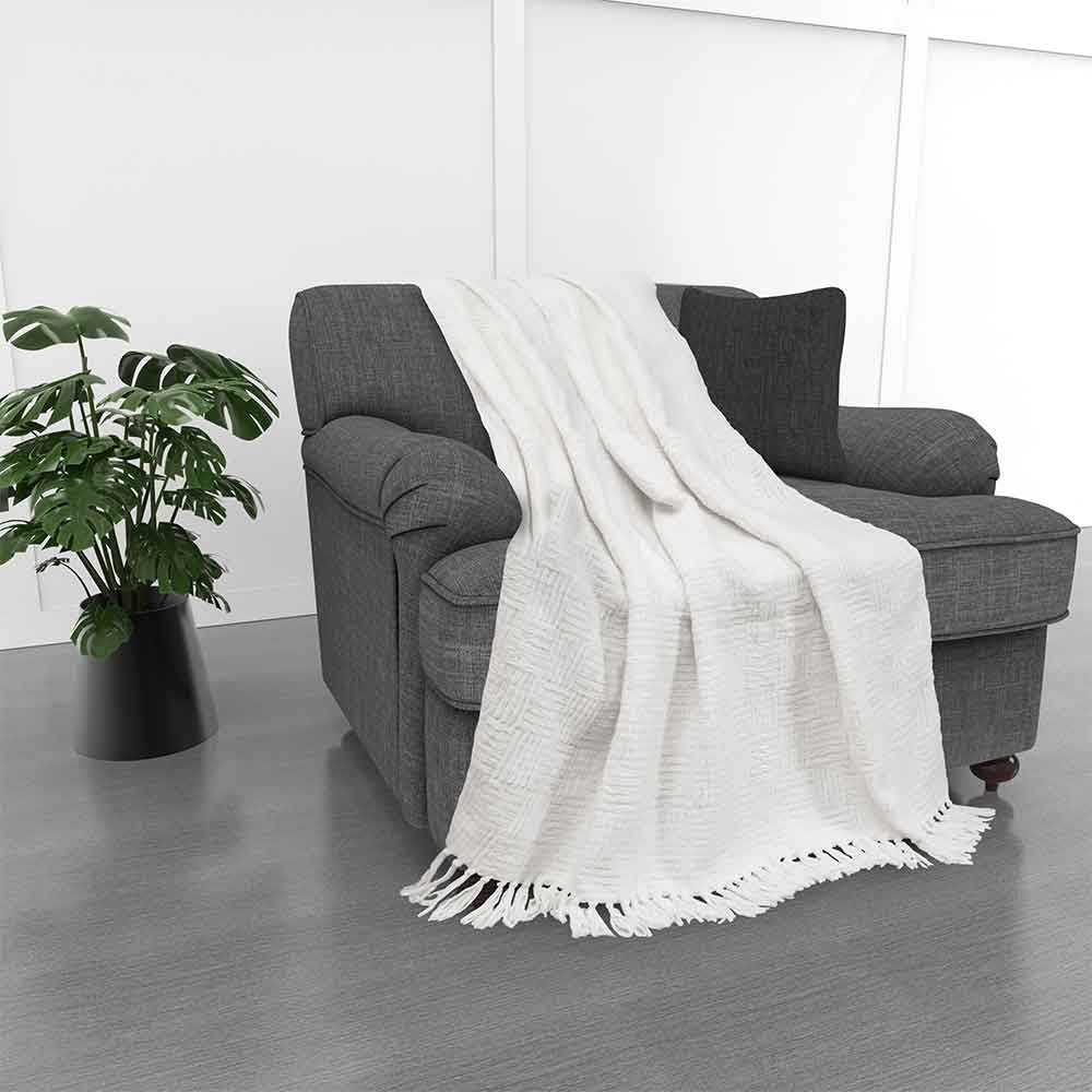 Kathy Ireland Oversized Chenille Fringed Basket Throw: Ivory / Chenile / 50” X 70”