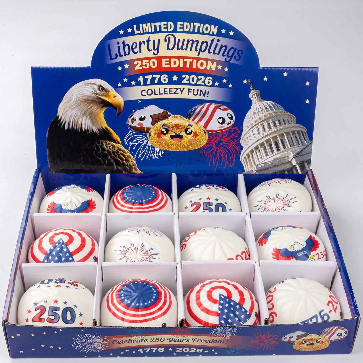 America 250 USA 250 Squishy Dumpling Fidget Toy box-12unit: Random pattern-May differ from the combination shown in the image.