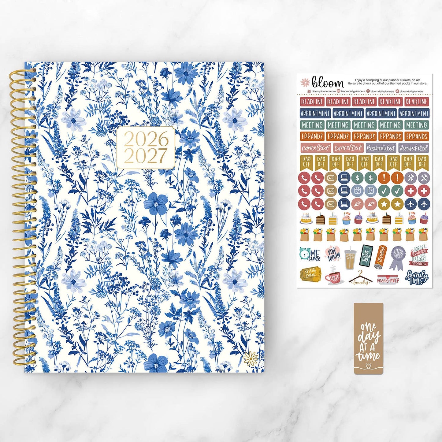 2026-27 Soft Cover Academic Planner, 8.5x11 Size: Blue & White Floral
