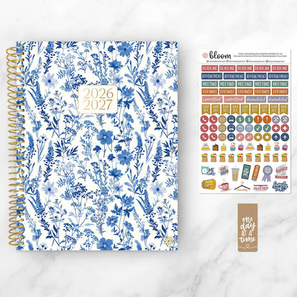 2026-27 Soft Cover Academic Planner, 8.5x11 Size: Blue & White Floral