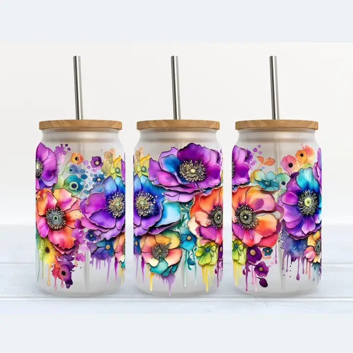 Rainbow Flowers-Glass Tumbler