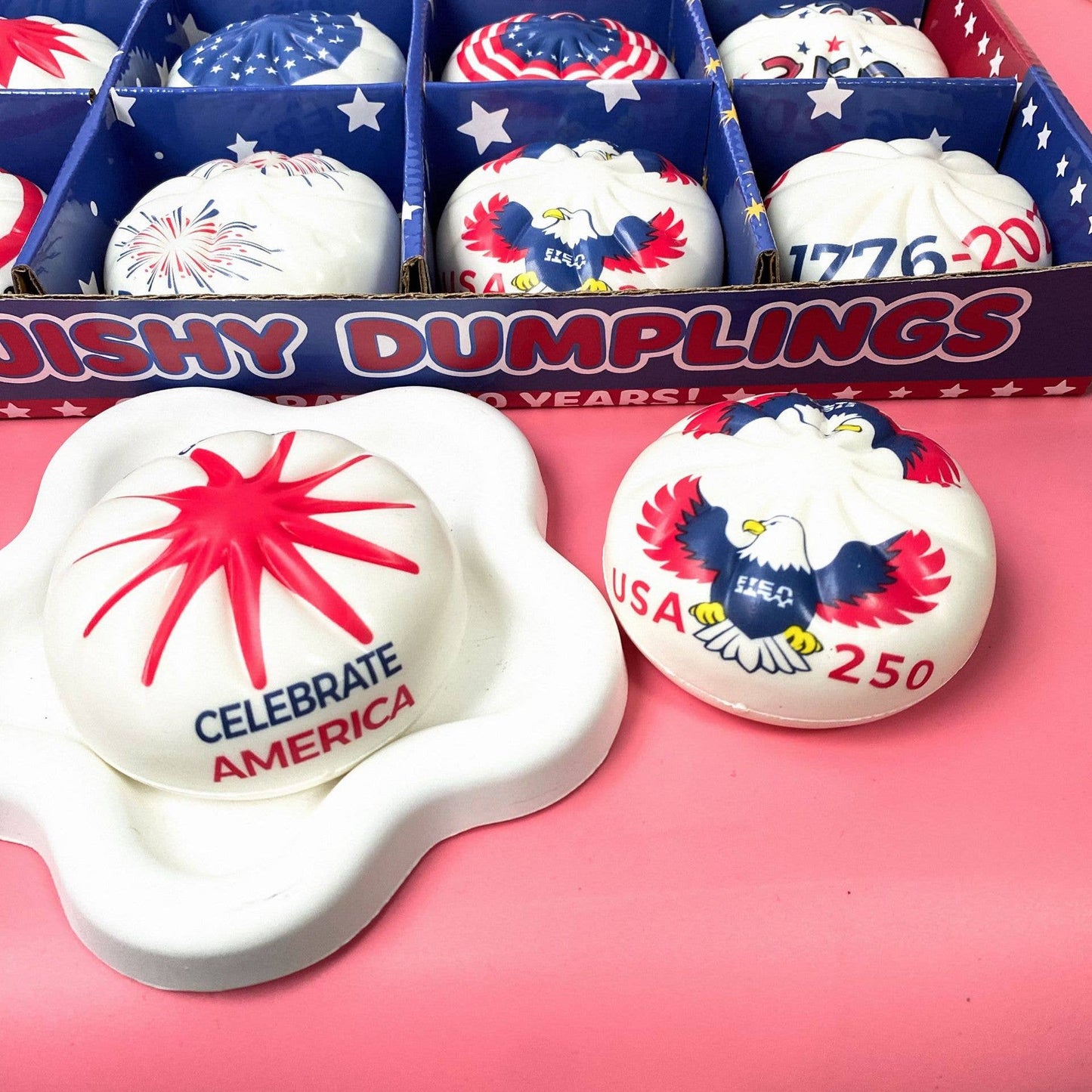 America 250 USA 250 Squishy Dumpling Fidget Toy box-12unit: Random pattern-May differ from the combination shown in the image.