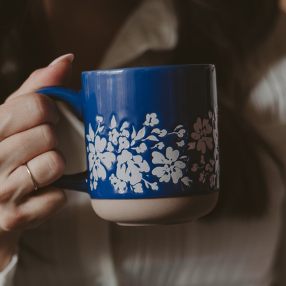 Blue Floral Stoneware Coffee Mug - Summer Home Decor